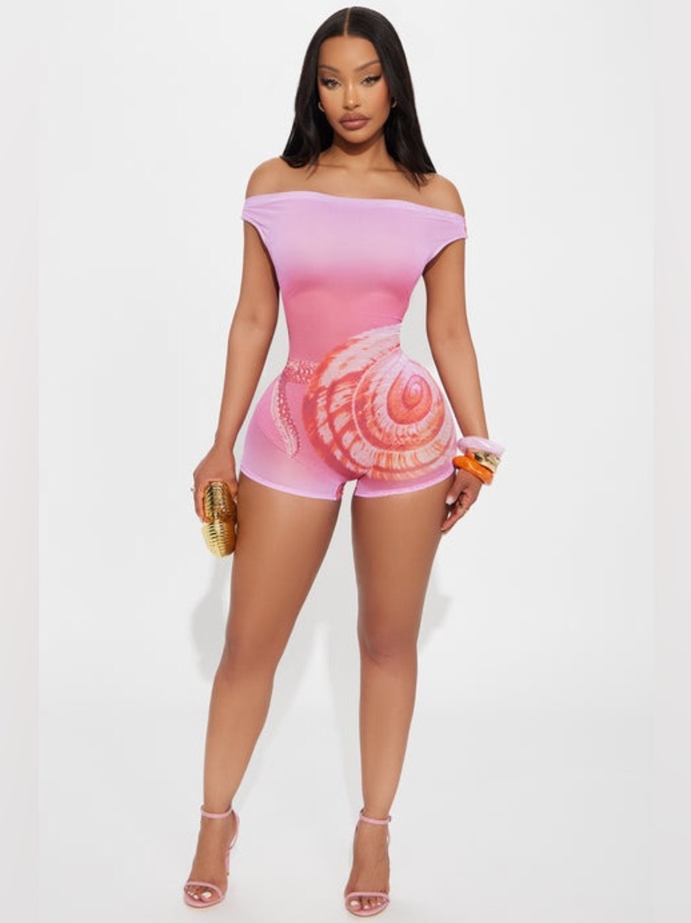 Off-Shoulder Pink Shell-Print Romper NWOT